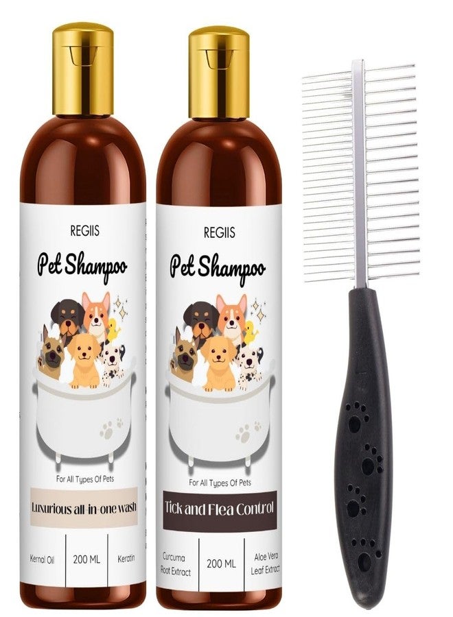 REGIIS Pet Shampoo Set with Tick and Flea Control, Luxurious All-in-One Wash, Natural Ingredients, 200ml, 2-Pack with Grooming Comb(Pack of 3) - Image 1